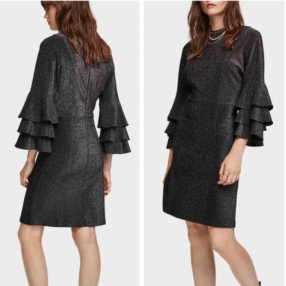 SCOTCH & Soda Metallic Dress Ruffle Sleeve Black Shimmery Sheath Party Dress NWT - Picture 1 of 15